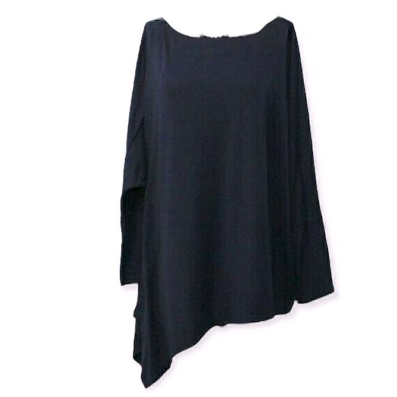 MISSLOOK NAVY BLUE ASYMMETRICAL HEM LONG SLEEVE STRETCHY TRAPEZE TOP LARGE NWOT - Picture 5 of 7